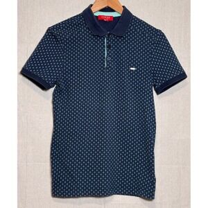 GUESS Mens Navy Blue Geometric Micro Print Polo Shirt Sz XS